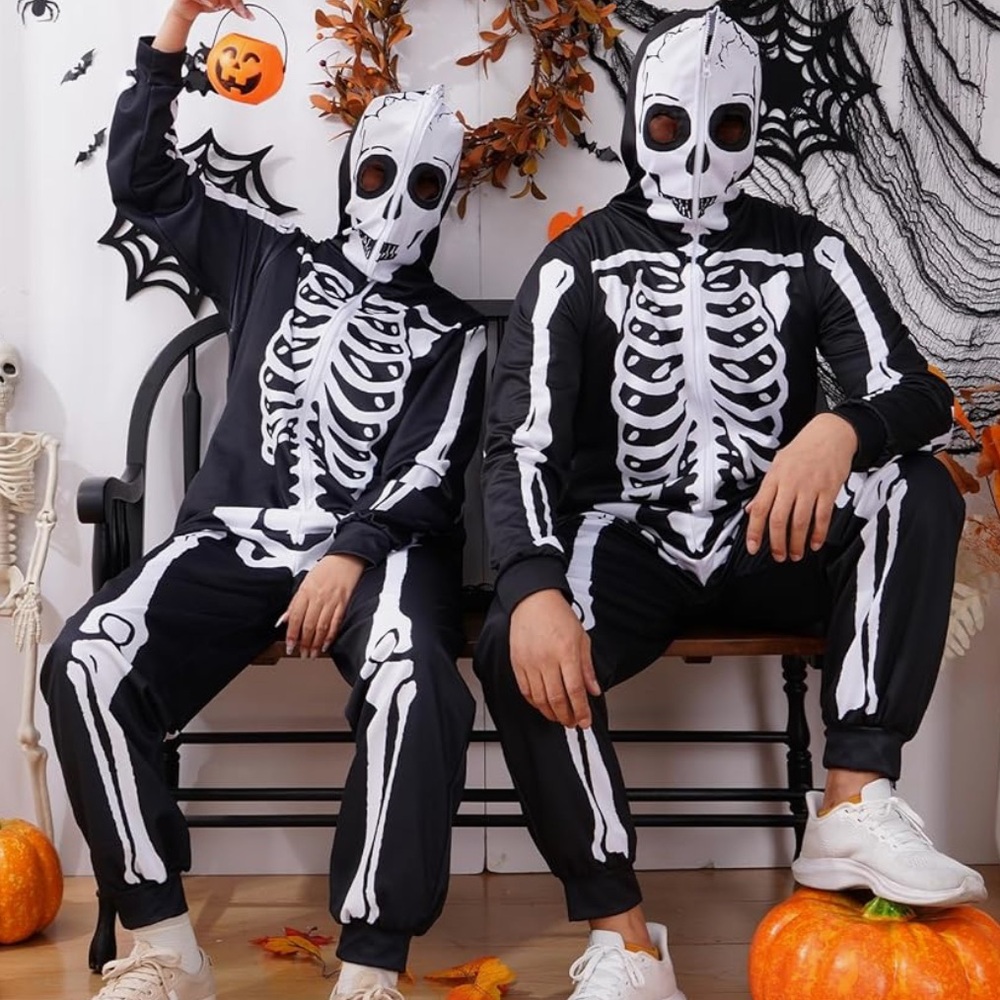 NWT Halloween Costume Printed Skeleton Hooded Zipper Onesie, Unisex, Large - Picture 2 of 10